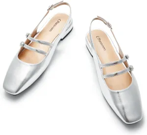 C.Paravano Women's Slingback Flats | Sandals Square Toe Dress Shoes | Flat Heel Double Strap Shoes for Business, Wedding, Cocktail Party