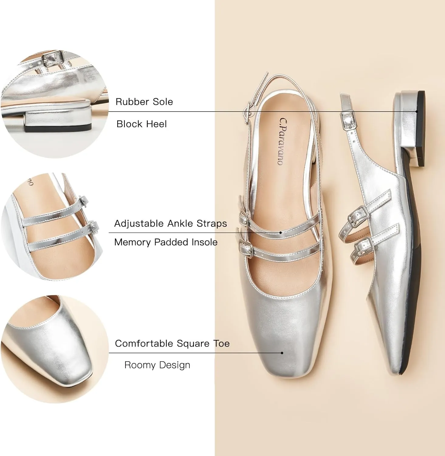 C.Paravano Women's Slingback Flats | Sandals Square Toe Dress Shoes | Flat Heel Double Strap Shoes for Business, Wedding, Cocktail Party