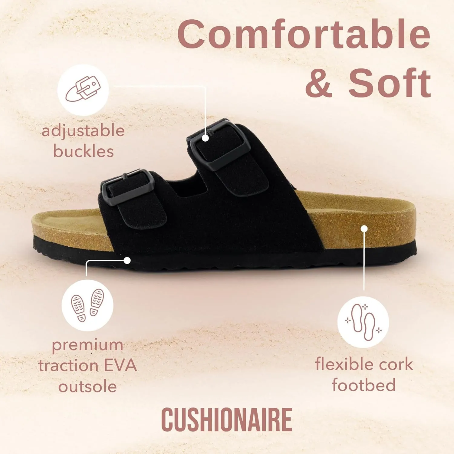 CUSHIONAIRE Lane Cork Footbed Sandals for Women – Comfortable Double Buckle Slip-On with Genuine Suede Footbed & Arch Support Slides for Women Footwear