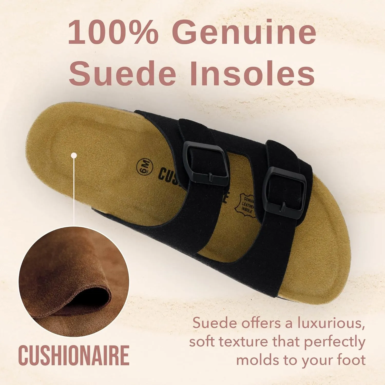 CUSHIONAIRE Lane Cork Footbed Sandals for Women – Comfortable Double Buckle Slip-On with Genuine Suede Footbed & Arch Support Slides for Women Footwear