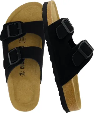 CUSHIONAIRE Lane Cork Footbed Sandals for Women – Comfortable Double Buckle Slip-On with Genuine Suede Footbed & Arch Support Slides for Women Footwear