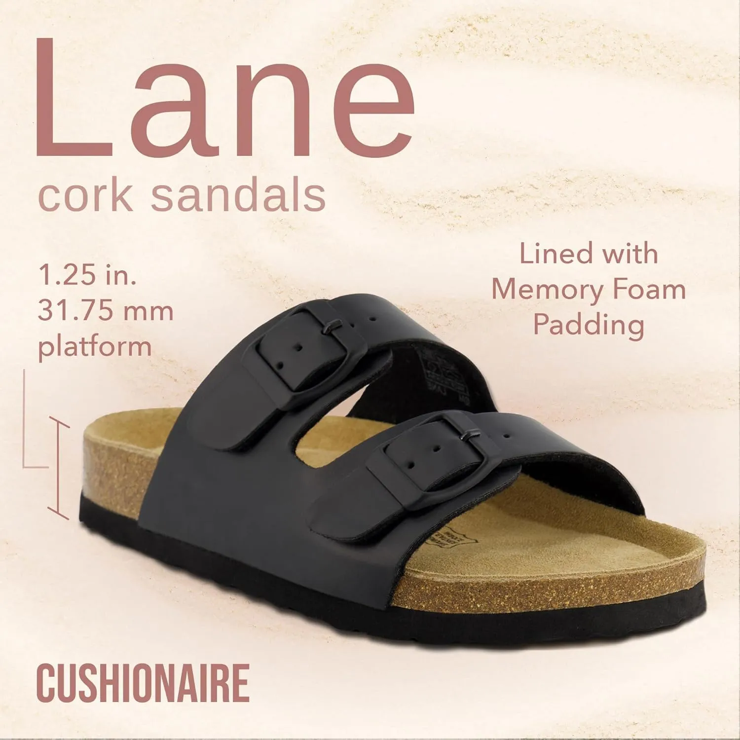 CUSHIONAIRE Lane Cork Footbed Sandals for Women – Comfortable Double Buckle Slip-On with Genuine Suede Footbed & Arch Support Slides for Women Footwear