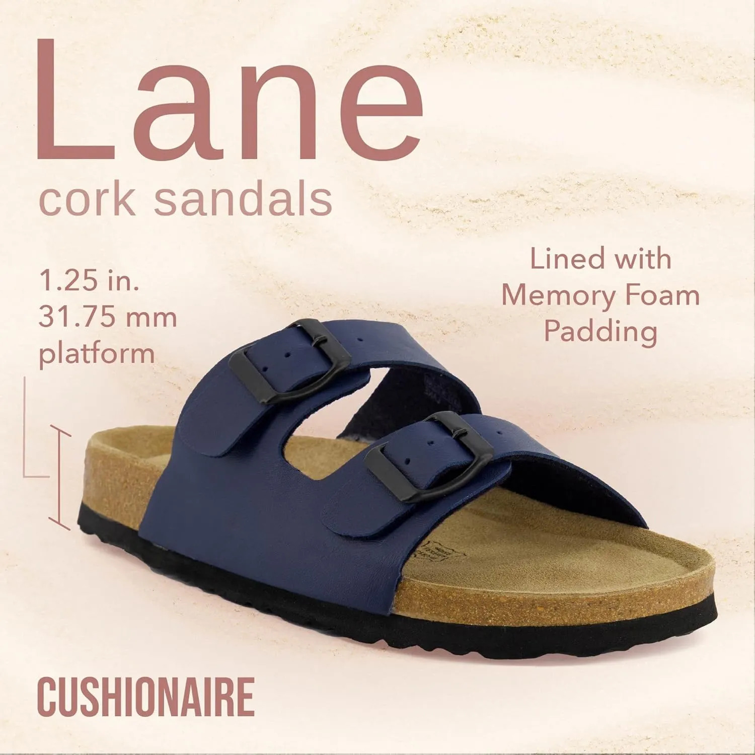 CUSHIONAIRE Lane Cork Footbed Sandals for Women – Comfortable Double Buckle Slip-On with Genuine Suede Footbed & Arch Support Slides for Women Footwear