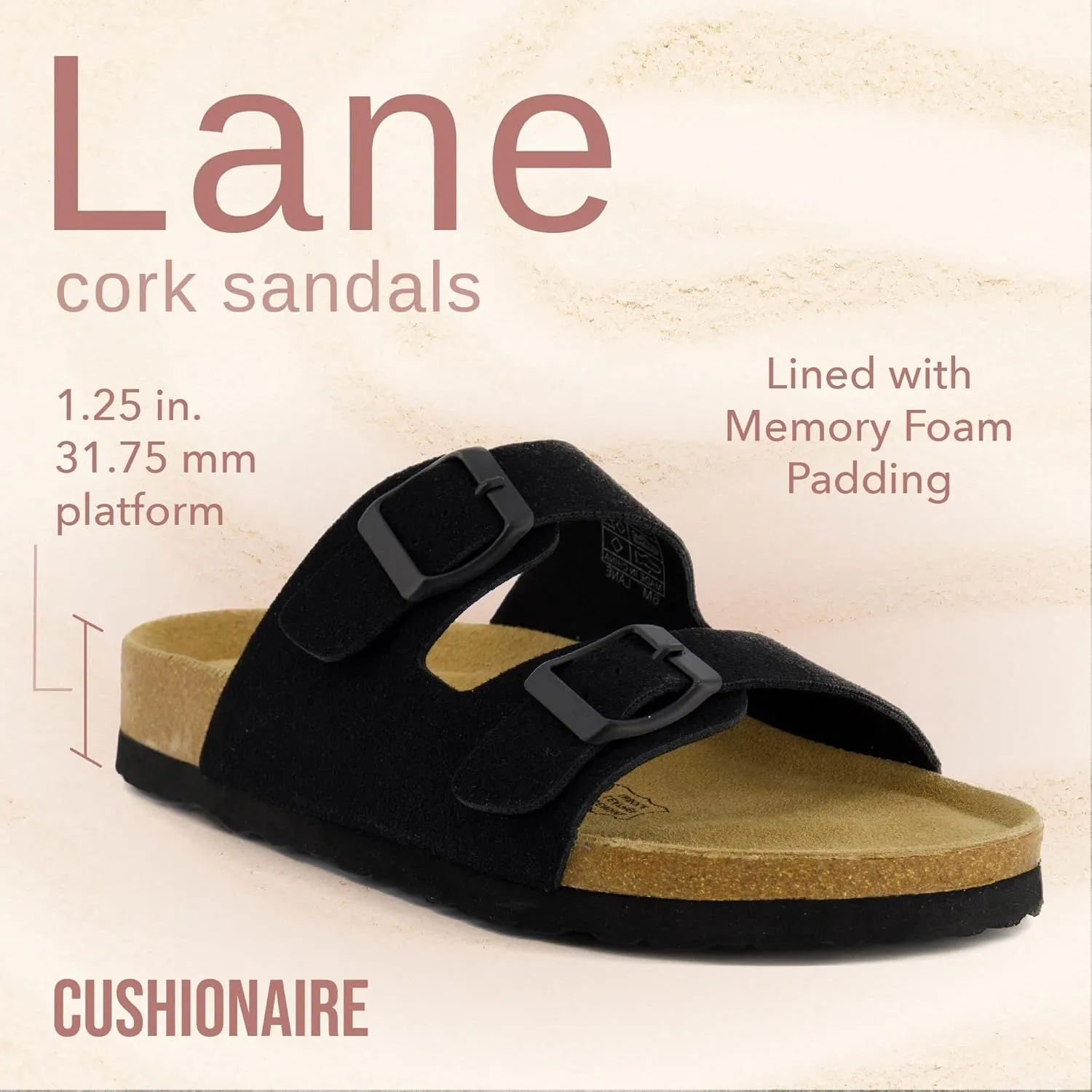 CUSHIONAIRE Lane Cork Footbed Sandals for Women – Comfortable Double Buckle Slip-On with Genuine Suede Footbed & Arch Support Slides for Women Footwear