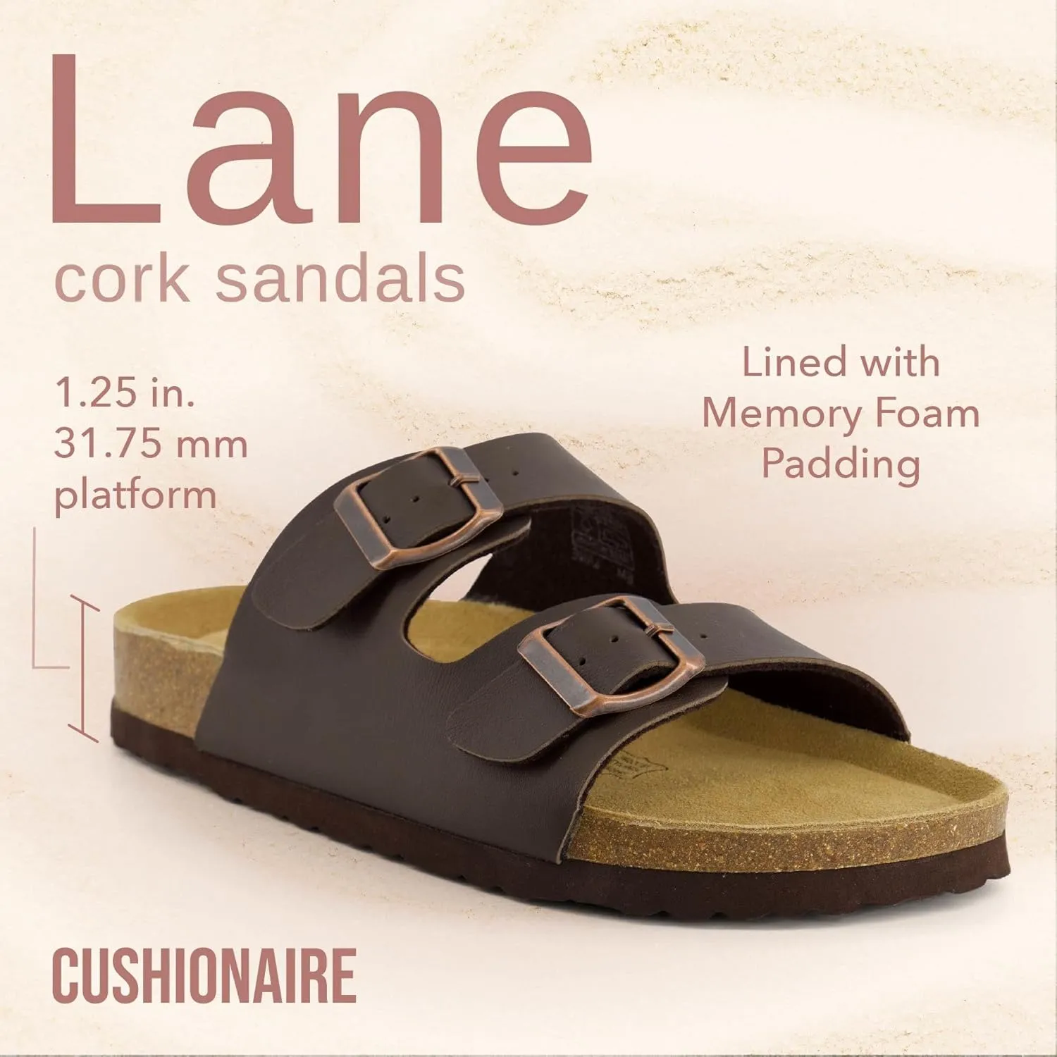 CUSHIONAIRE Lane Cork Footbed Sandals for Women – Comfortable Double Buckle Slip-On with Genuine Suede Footbed & Arch Support Slides for Women Footwear