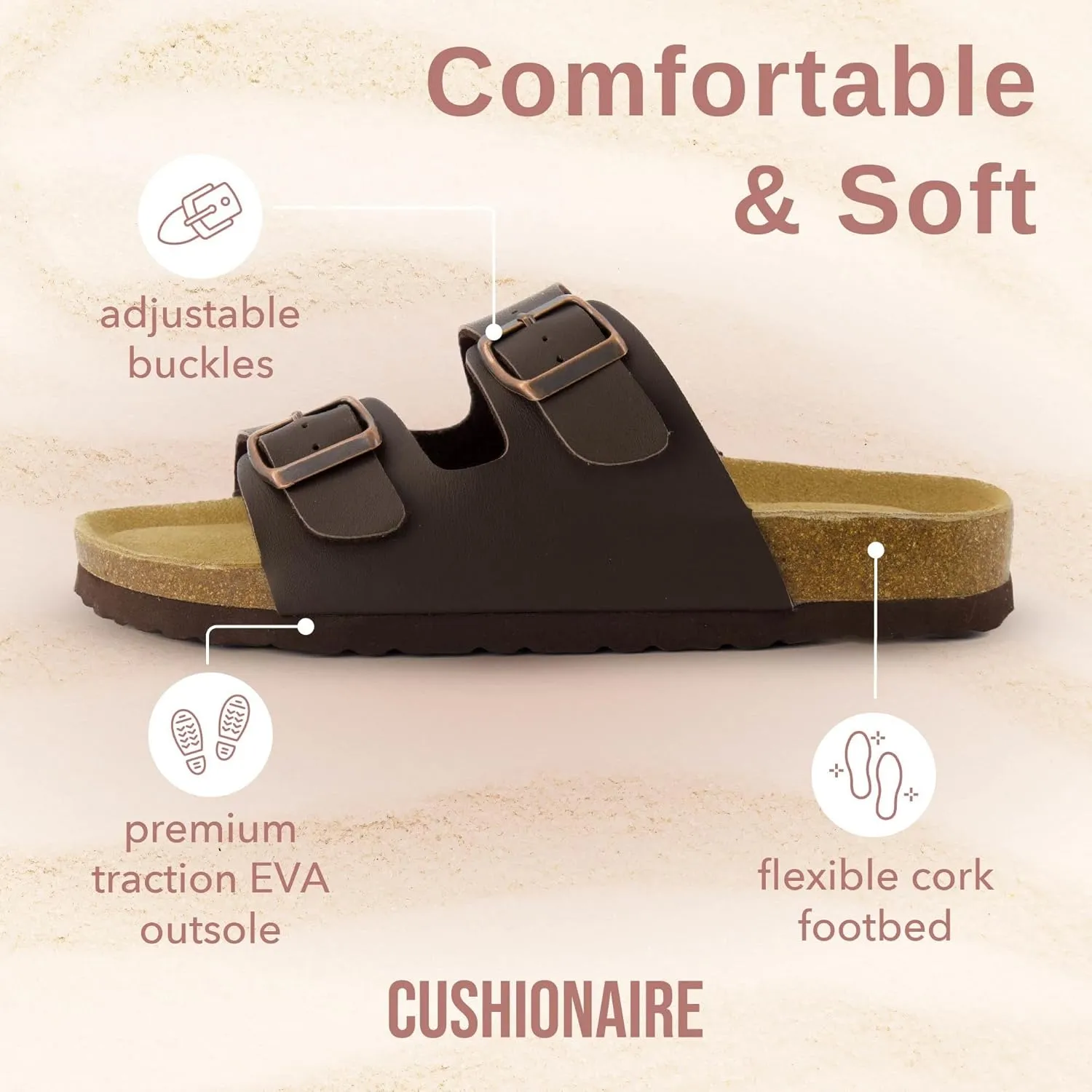 CUSHIONAIRE Lane Cork Footbed Sandals for Women – Comfortable Double Buckle Slip-On with Genuine Suede Footbed & Arch Support Slides for Women Footwear