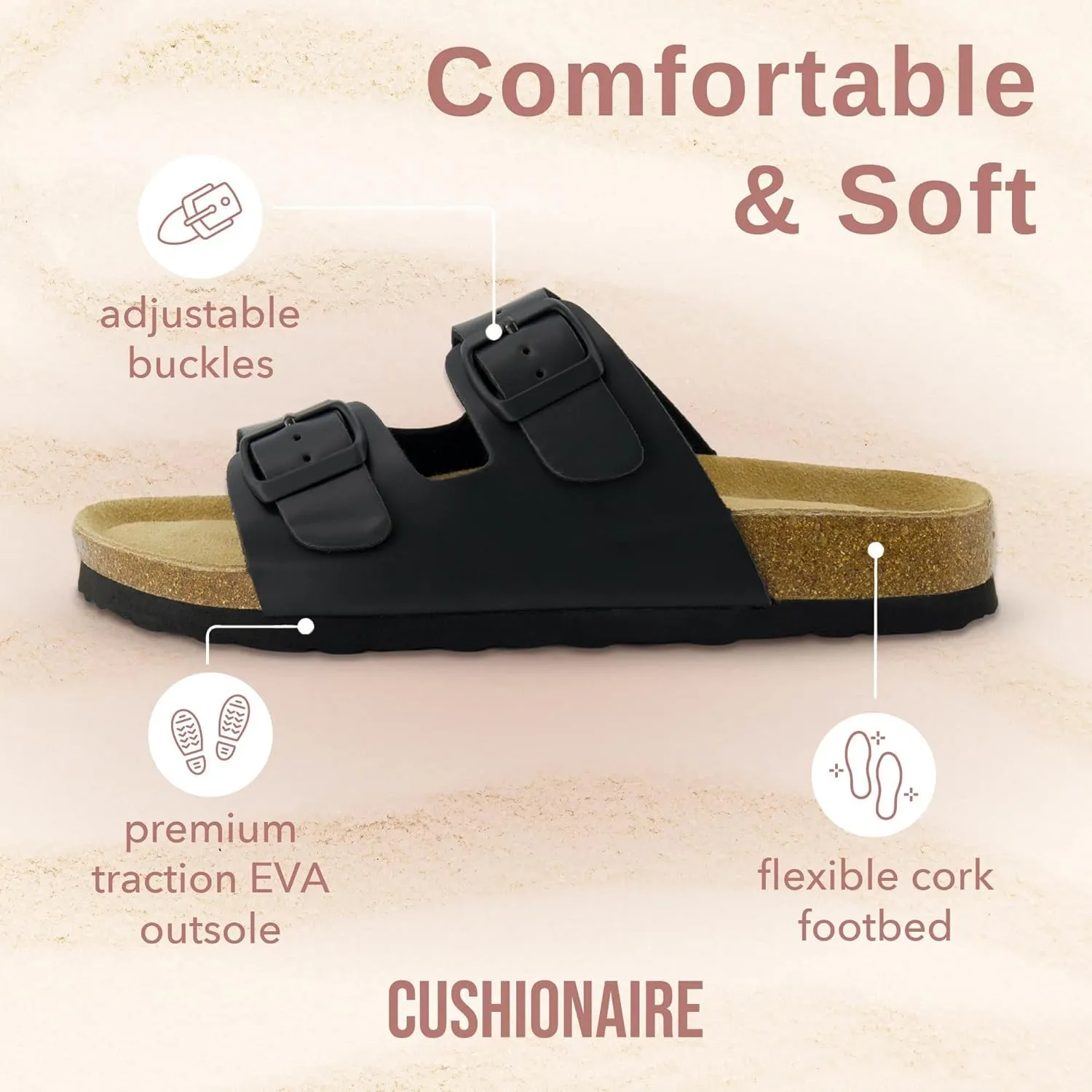 CUSHIONAIRE Lane Cork Footbed Sandals for Women – Comfortable Double Buckle Slip-On with Genuine Suede Footbed & Arch Support Slides for Women Footwear