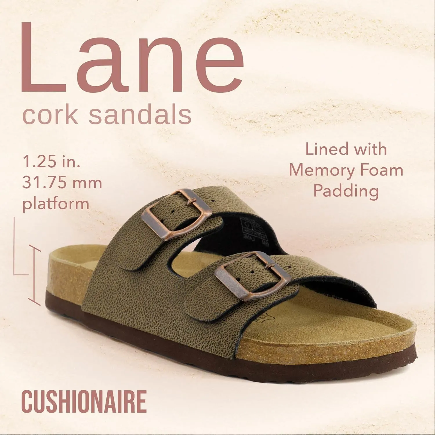 CUSHIONAIRE Lane Cork Footbed Sandals for Women – Comfortable Double Buckle Slip-On with Genuine Suede Footbed & Arch Support Slides for Women Footwear