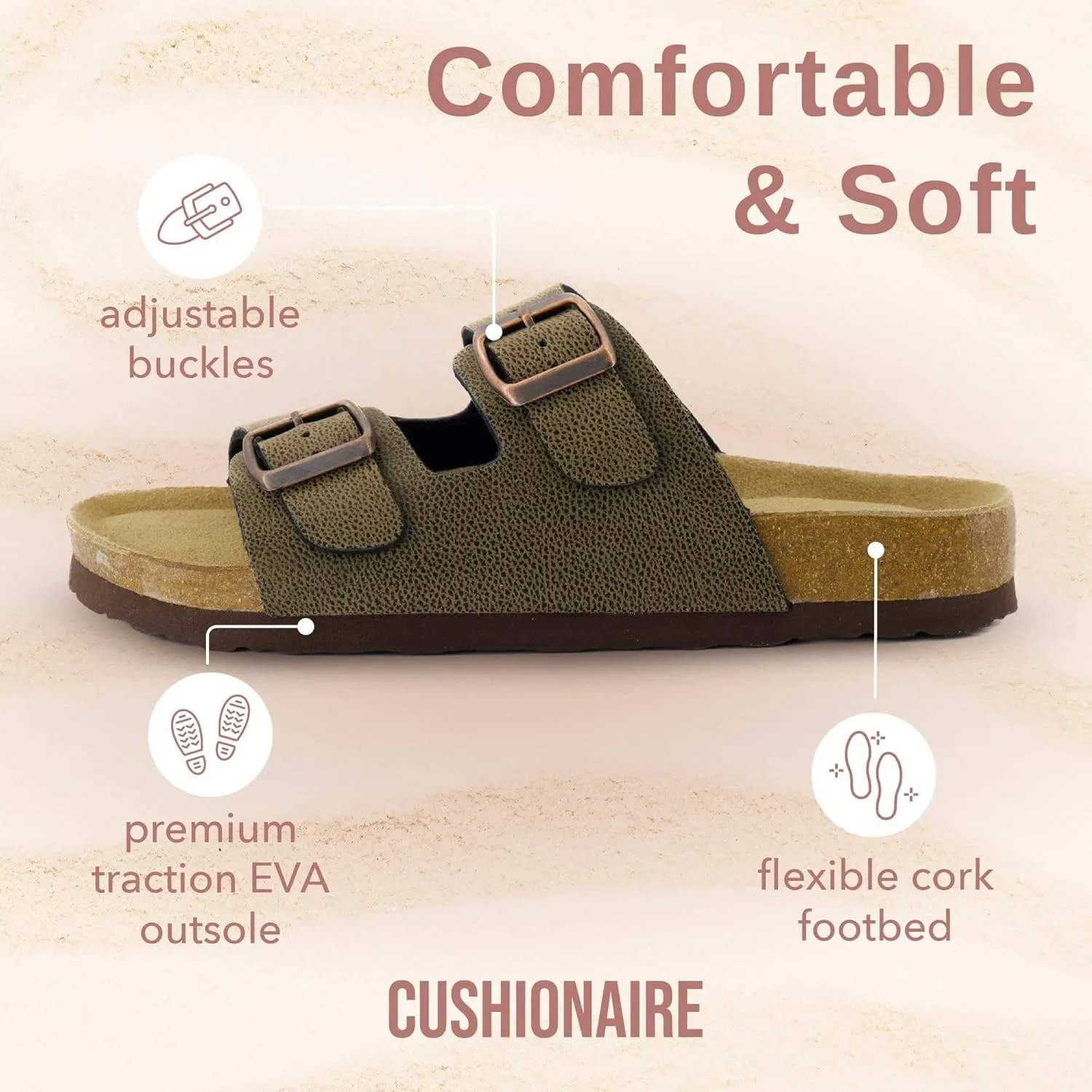 CUSHIONAIRE Lane Cork Footbed Sandals for Women – Comfortable Double Buckle Slip-On with Genuine Suede Footbed & Arch Support Slides for Women Footwear