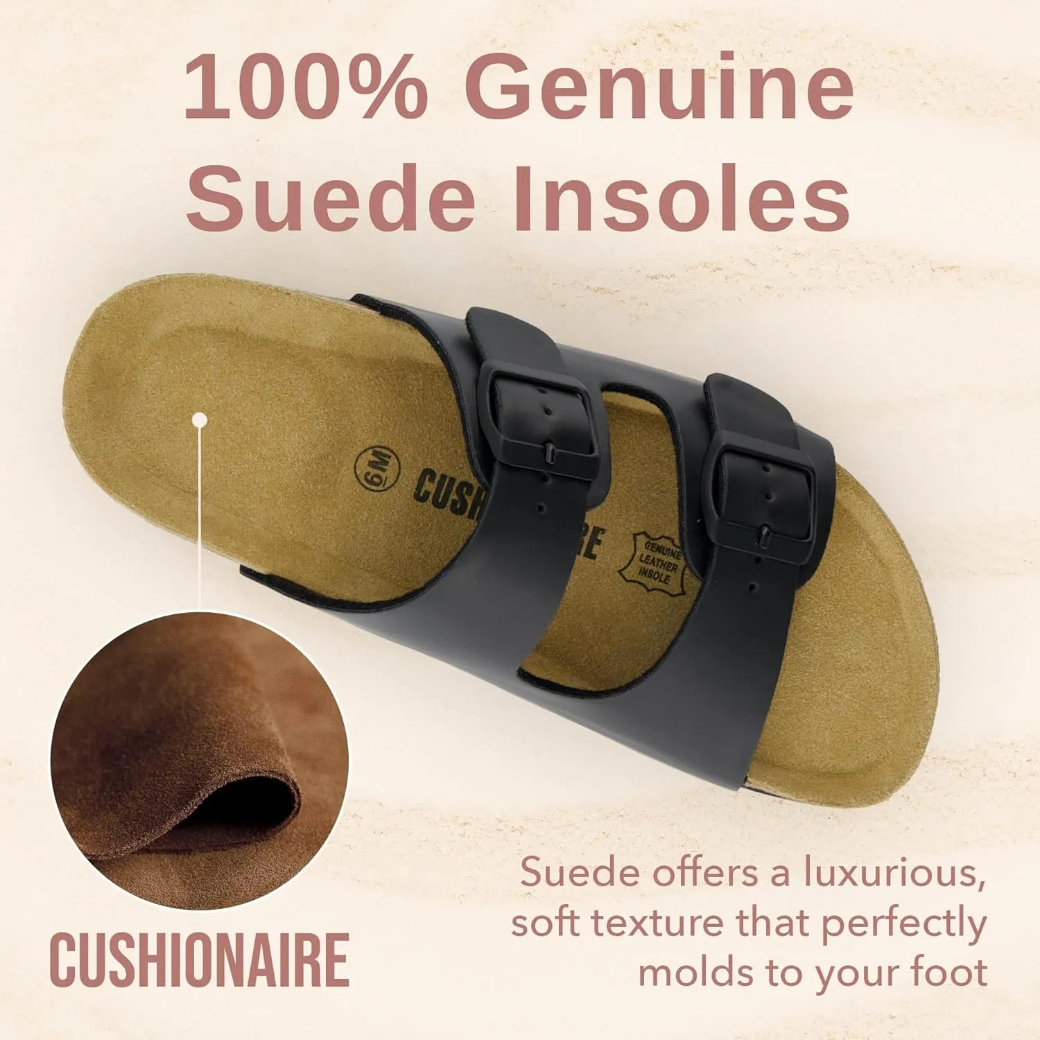 CUSHIONAIRE Lane Cork Footbed Sandals for Women – Comfortable Double Buckle Slip-On with Genuine Suede Footbed & Arch Support Slides for Women Footwear
