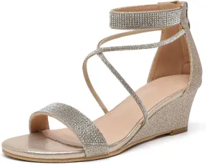 DADAWEN Women's Open Toe Ankle Strap Glitter Rhinestones Low Wedge Sandals Party Wedding Dress Pumps Shoes