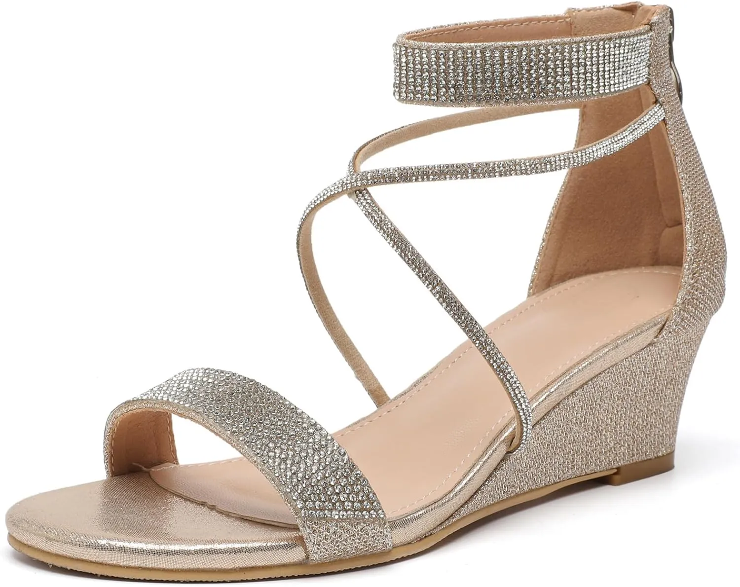 DADAWEN Women's Open Toe Ankle Strap Glitter Rhinestones Low Wedge Sandals Party Wedding Dress Pumps Shoes