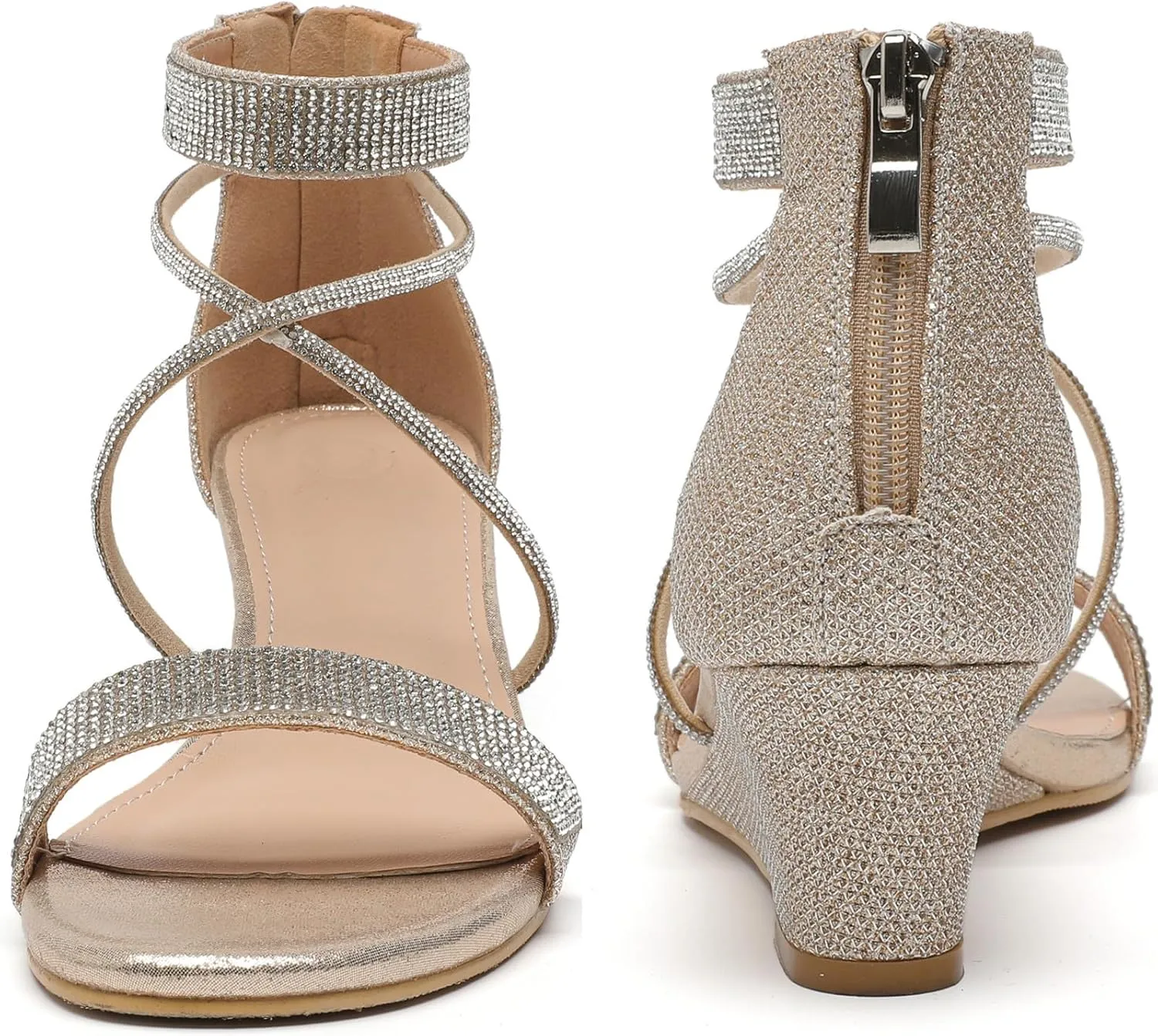 DADAWEN Women's Open Toe Ankle Strap Glitter Rhinestones Low Wedge Sandals Party Wedding Dress Pumps Shoes