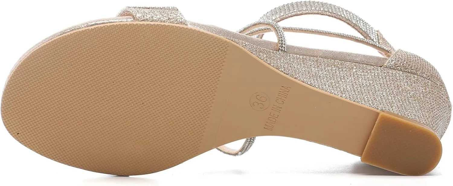DADAWEN Women's Open Toe Ankle Strap Glitter Rhinestones Low Wedge Sandals Party Wedding Dress Pumps Shoes