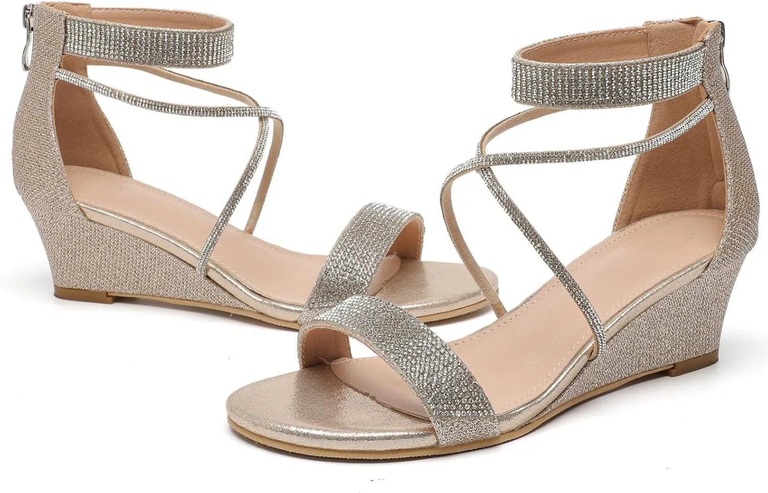 DADAWEN Women's Open Toe Ankle Strap Glitter Rhinestones Low Wedge Sandals Party Wedding Dress Pumps Shoes