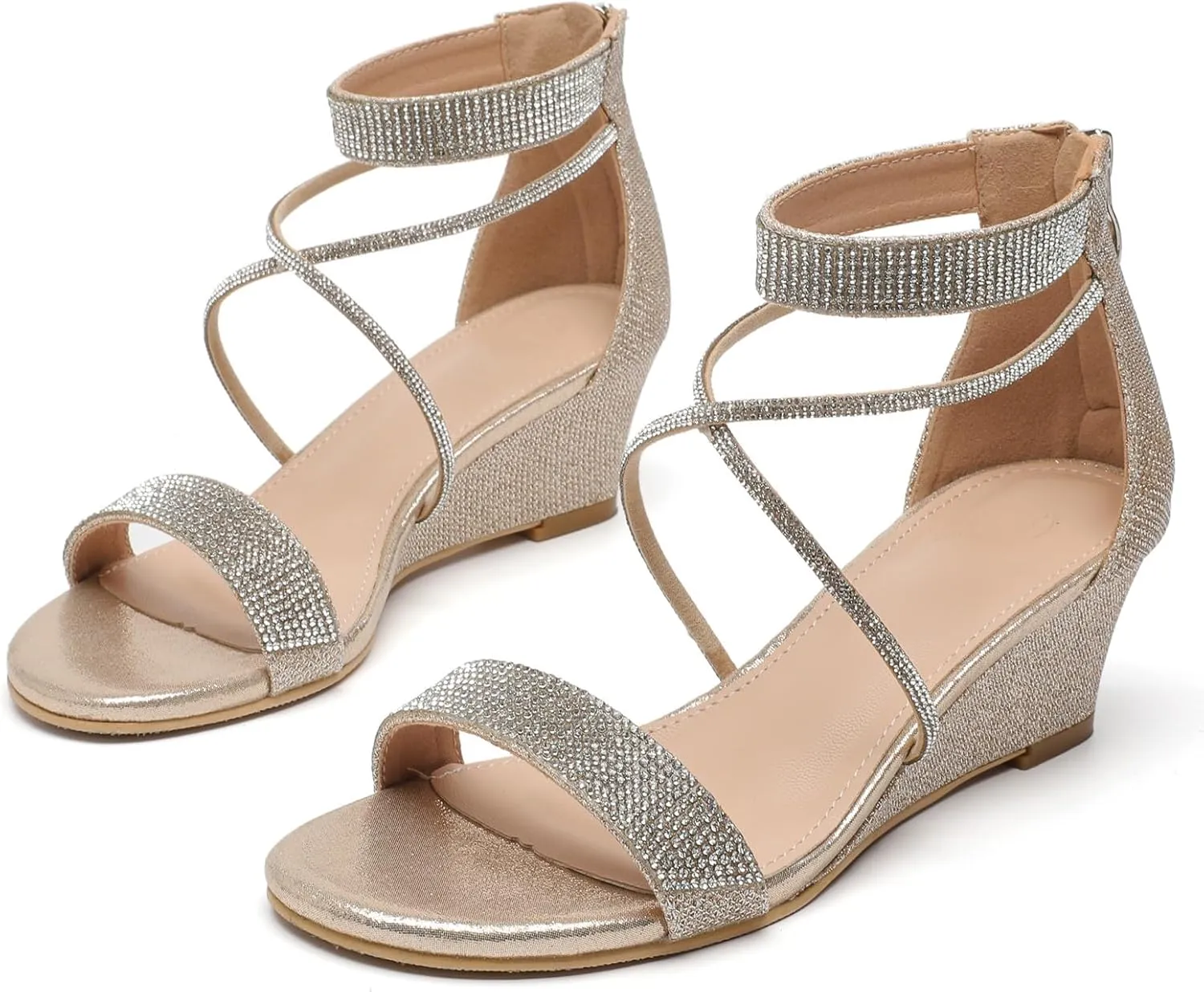 DADAWEN Women's Open Toe Ankle Strap Glitter Rhinestones Low Wedge Sandals Party Wedding Dress Pumps Shoes