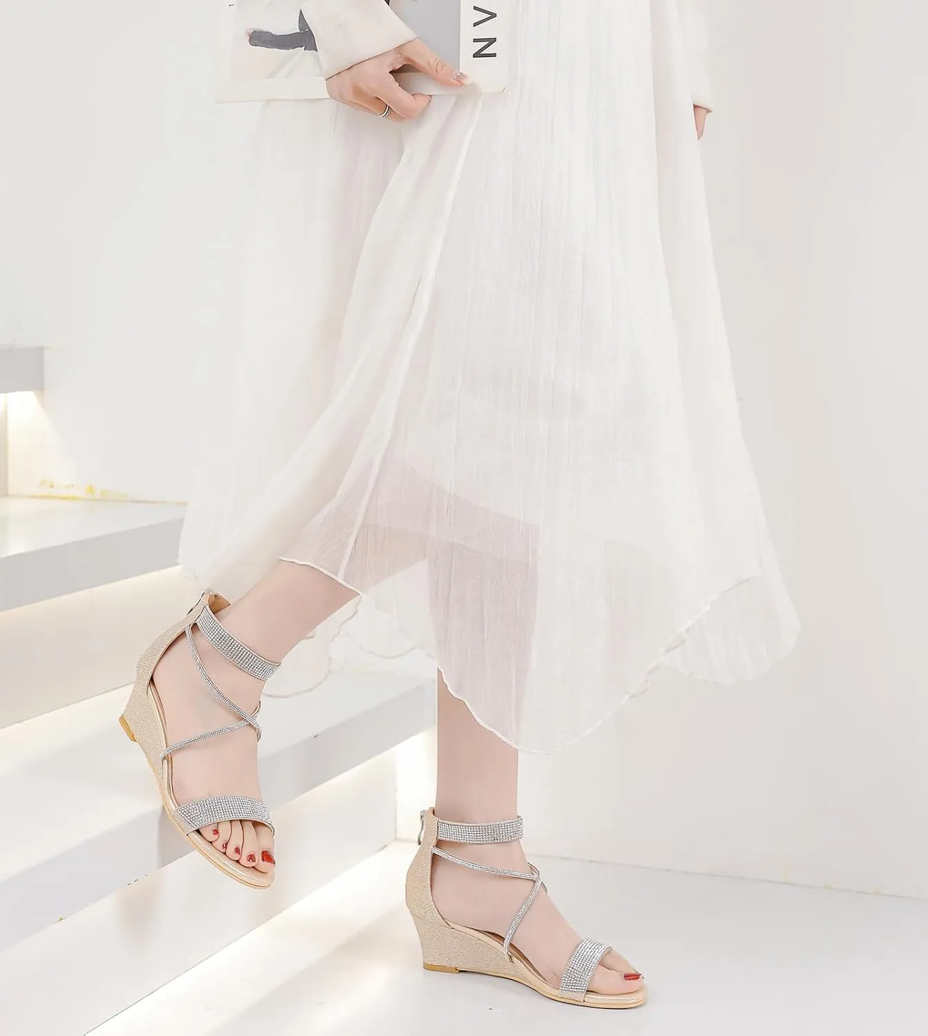 DADAWEN Women's Open Toe Ankle Strap Glitter Rhinestones Low Wedge Sandals Party Wedding Dress Pumps Shoes