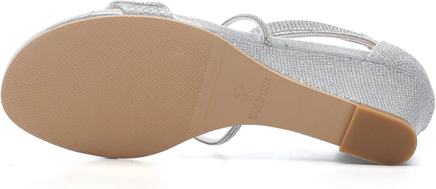 DADAWEN Women's Open Toe Ankle Strap Glitter Rhinestones Low Wedge Sandals Party Wedding Dress Pumps Shoes