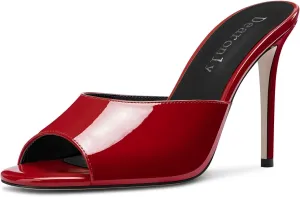 DearOnly Womens Peep Open Toe Stiletto Sandals Slip-on Fashion Party High Heel Mules Dress Shoes 3.9 Inches Heels