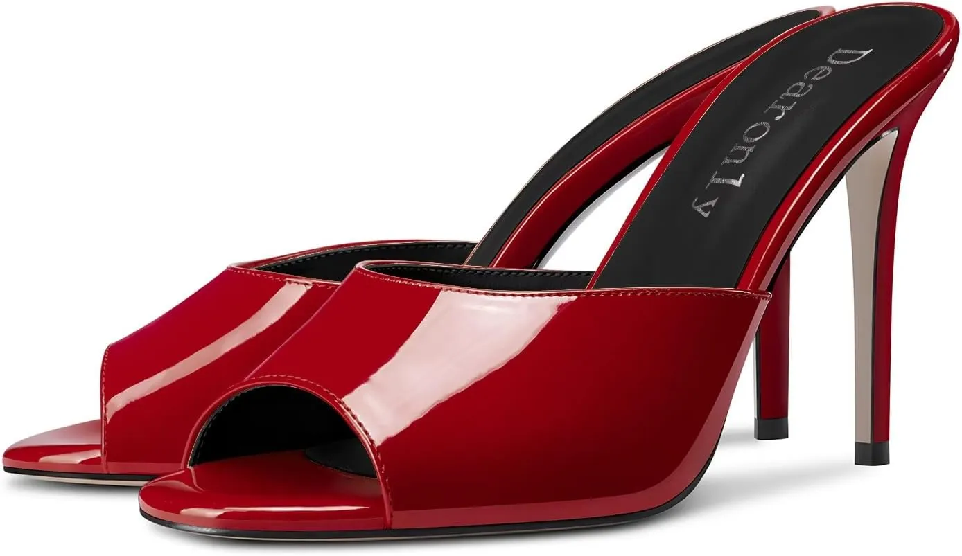 DearOnly Womens Peep Open Toe Stiletto Sandals Slip-on Fashion Party High Heel Mules Dress Shoes 3.9 Inches Heels