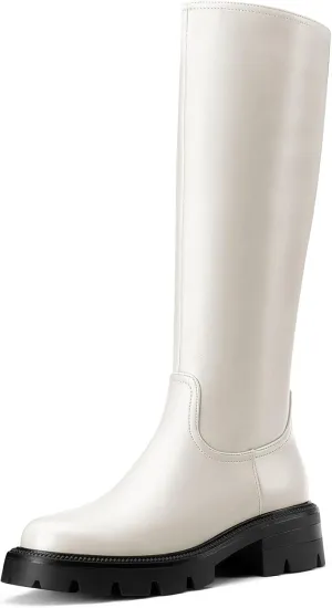 DearOnly Womens Wide Calf Knee High Boots Round Toe Platform Chunky Heel Boots Side Zipper Lug Sole Fashion Dress Tall Boots