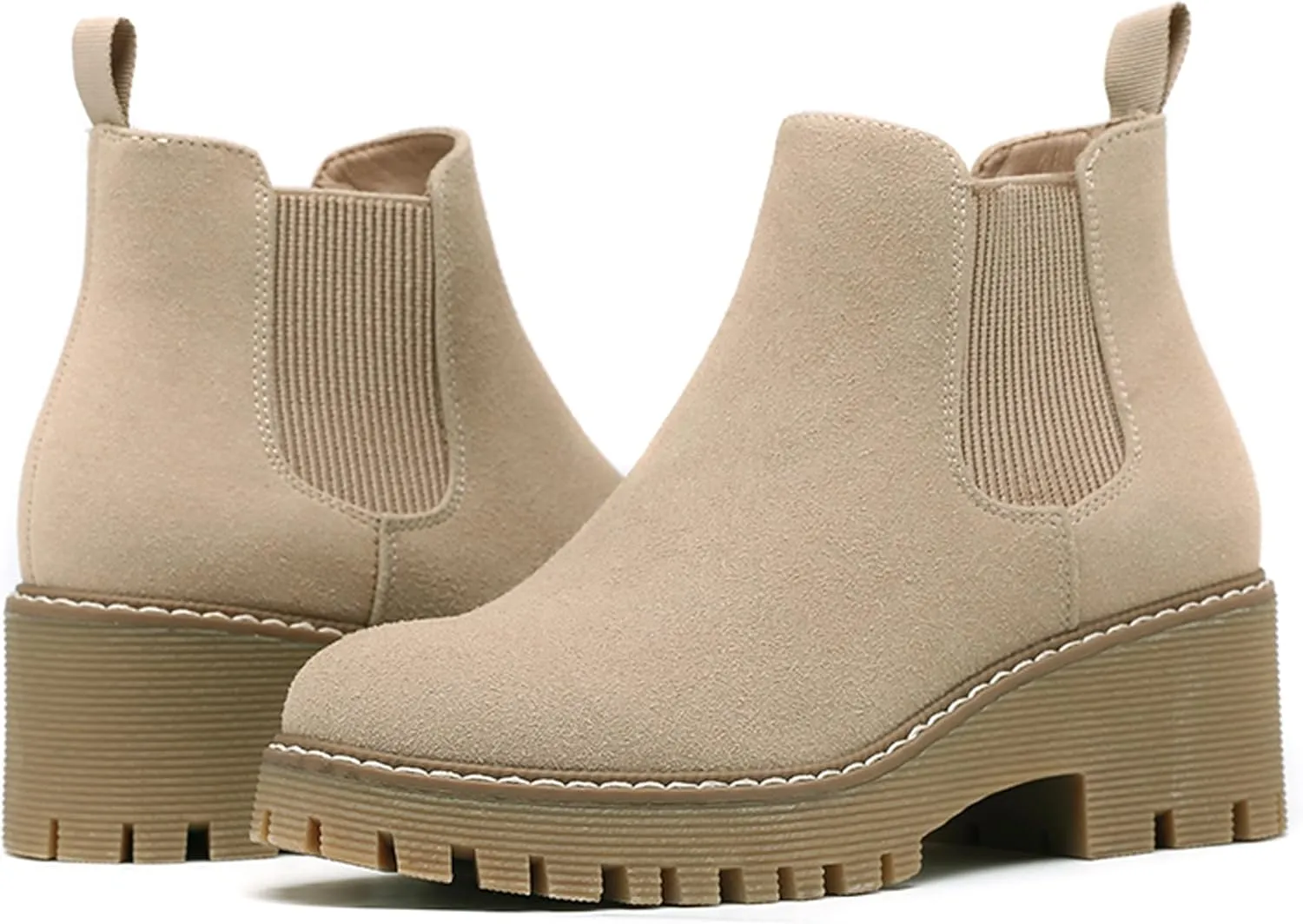 DECARSDZ Womens Chunky Platform Chelsea Boot With Elastic Low Wedge Heel Slip On For Fall Work Suede Leather Classic Style Ankle Boots Women