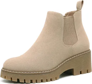 DECARSDZ Womens Chunky Platform Chelsea Boot With Elastic Low Wedge Heel Slip On For Fall Work Suede Leather Classic Style Ankle Boots Women