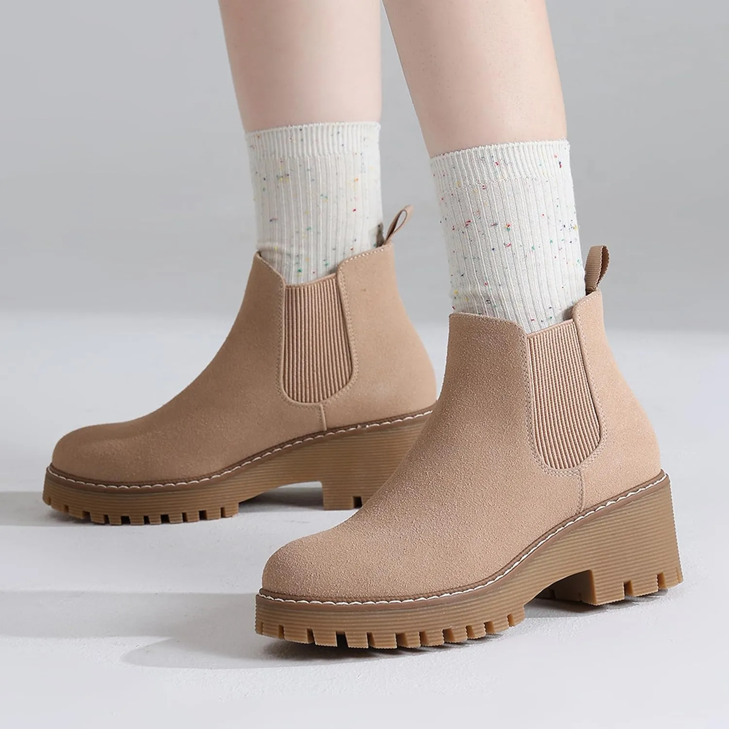 DECARSDZ Womens Chunky Platform Chelsea Boot With Elastic Low Wedge Heel Slip On For Fall Work Suede Leather Classic Style Ankle Boots Women