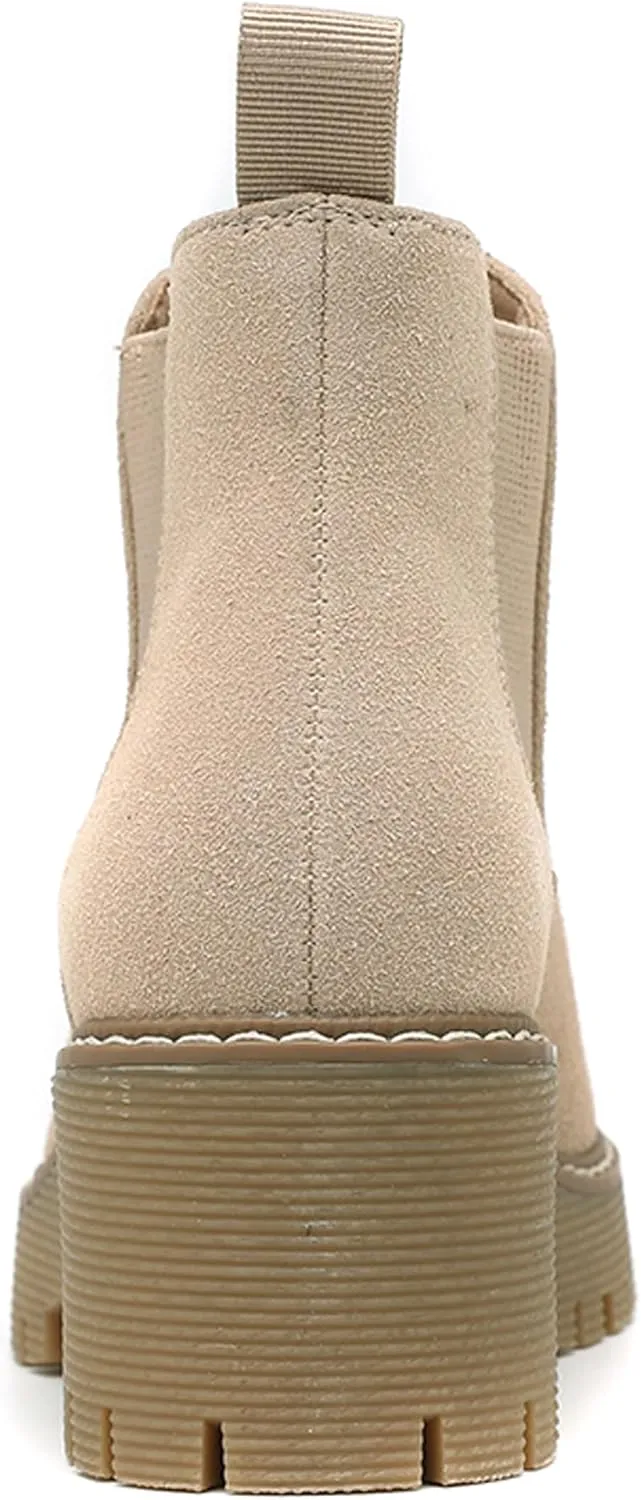 DECARSDZ Womens Chunky Platform Chelsea Boot With Elastic Low Wedge Heel Slip On For Fall Work Suede Leather Classic Style Ankle Boots Women