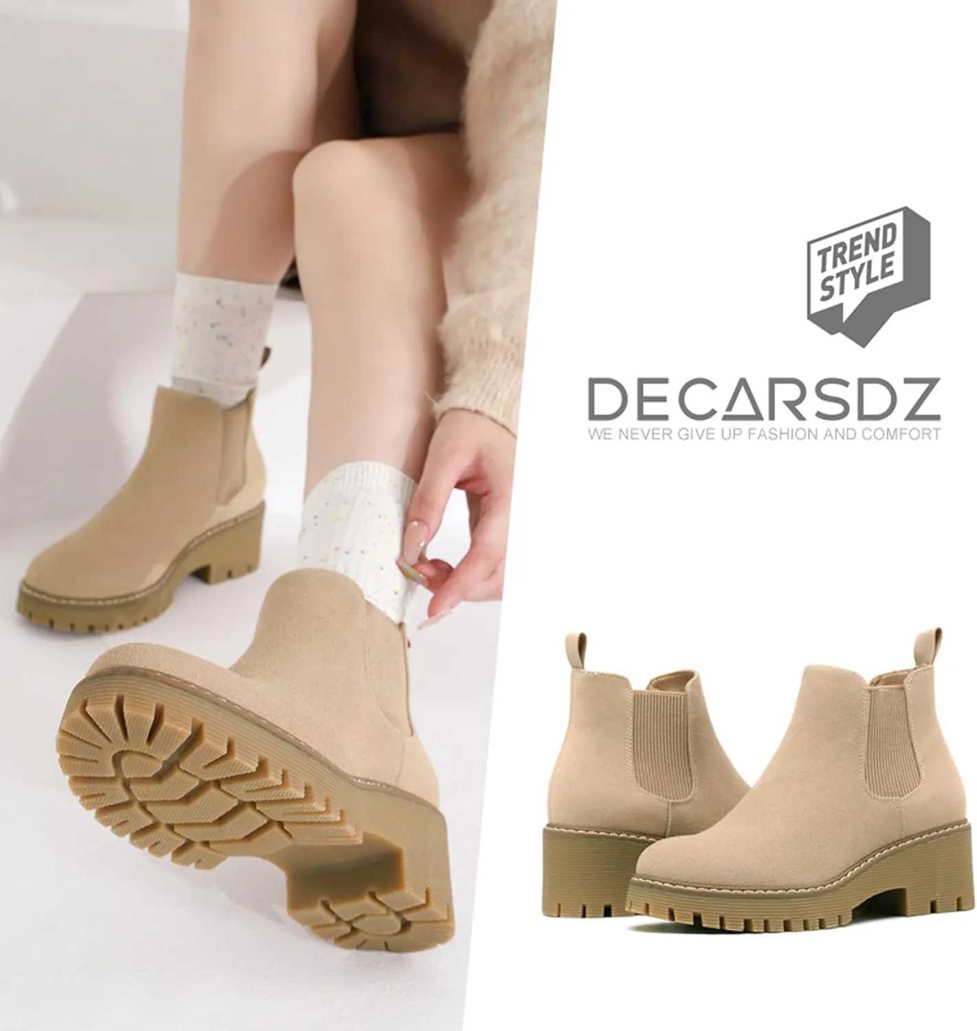 DECARSDZ Womens Chunky Platform Chelsea Boot With Elastic Low Wedge Heel Slip On For Fall Work Suede Leather Classic Style Ankle Boots Women