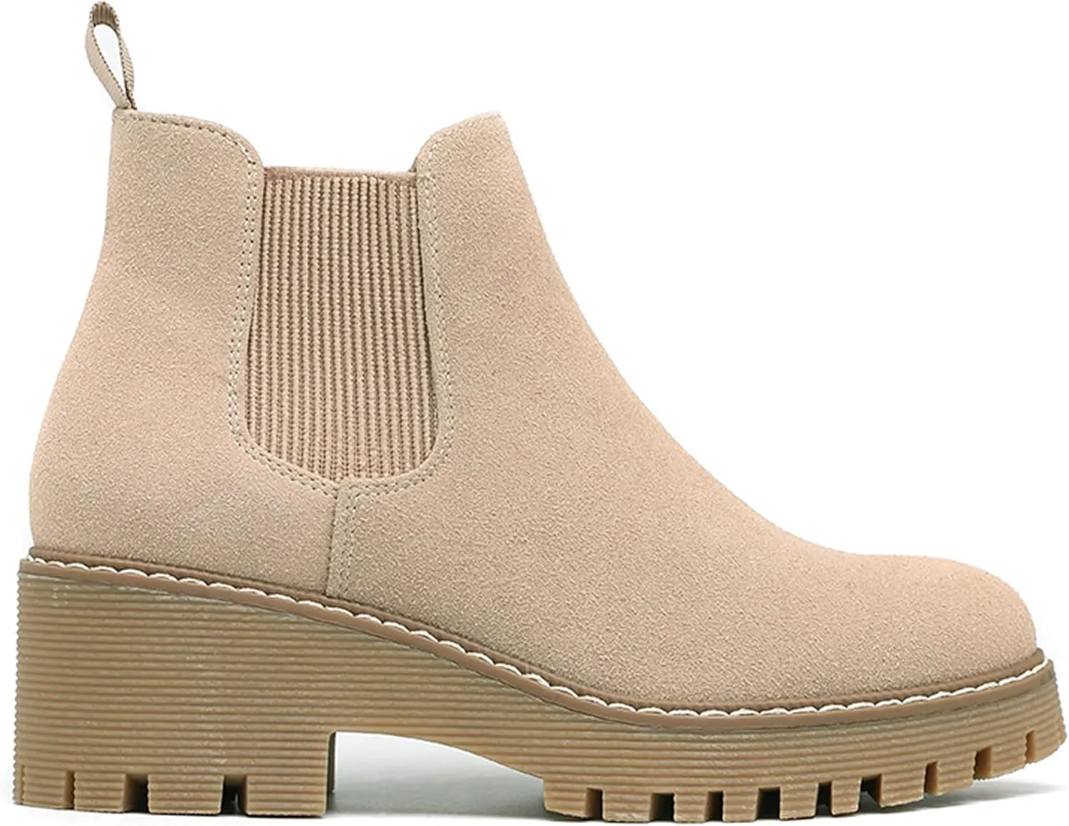 DECARSDZ Womens Chunky Platform Chelsea Boot With Elastic Low Wedge Heel Slip On For Fall Work Suede Leather Classic Style Ankle Boots Women