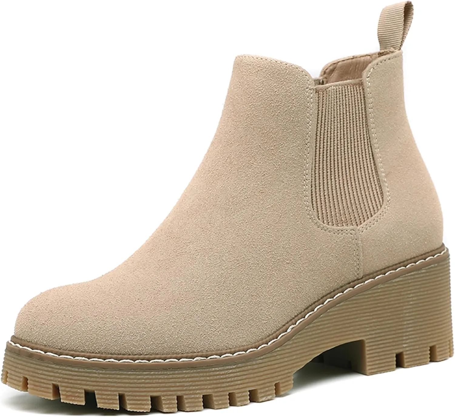 DECARSDZ Womens Chunky Platform Chelsea Boot With Elastic Low Wedge Heel Slip On For Fall Work Suede Leather Classic Style Ankle Boots Women