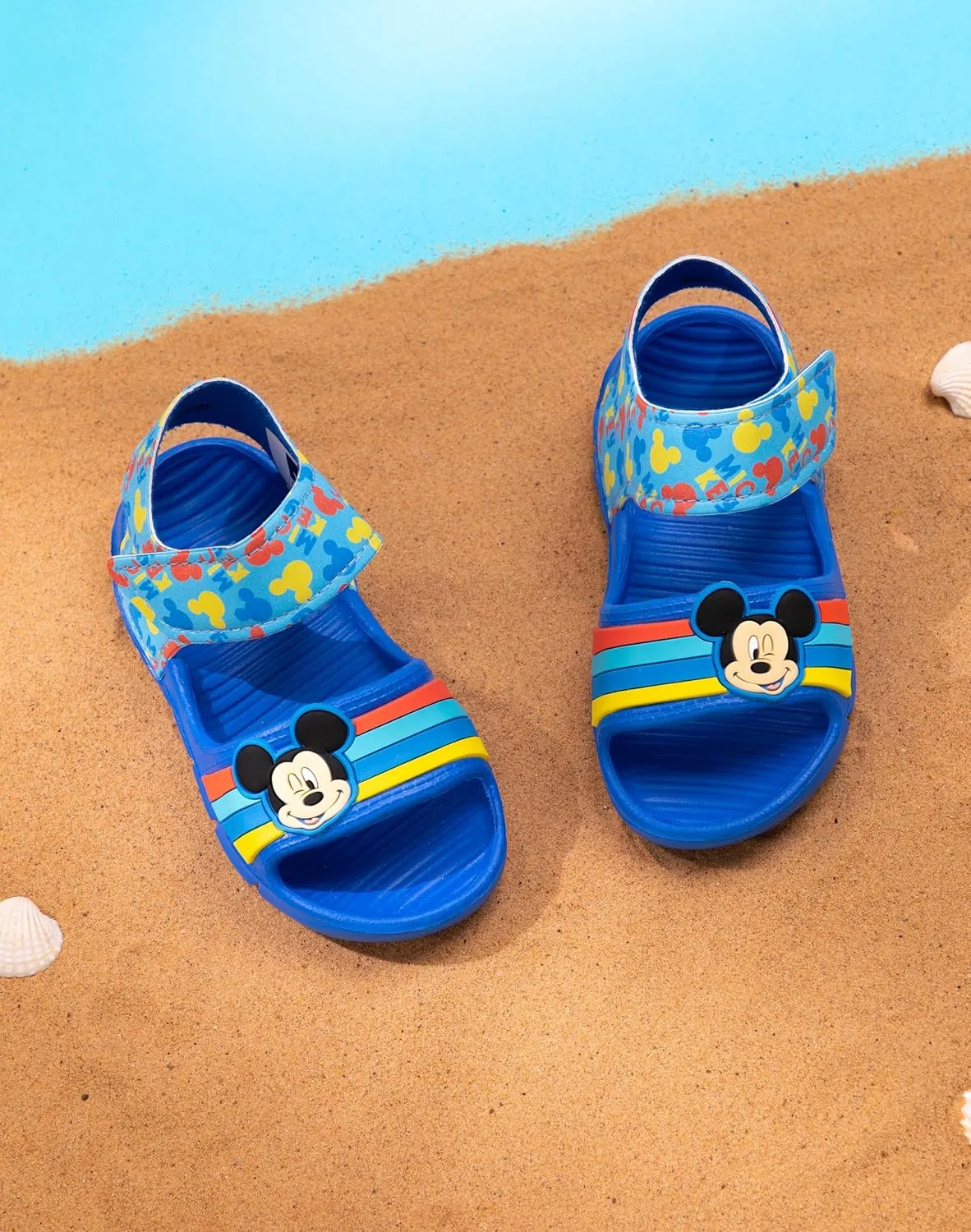 Disney Mickey Mouse Kids Sandals | Boys & Girls Sliders with Supportive Strap for Toddlers | Blue Slip-on Pool Shoes Footwear