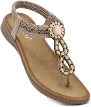 DKCHENH Womens Sandals Shoes Comfort Walking for Summer: Non Slip Casual Beach Shoes, Adorned with Ankle Elastic and Stunning Jeweled Bohemian Flats