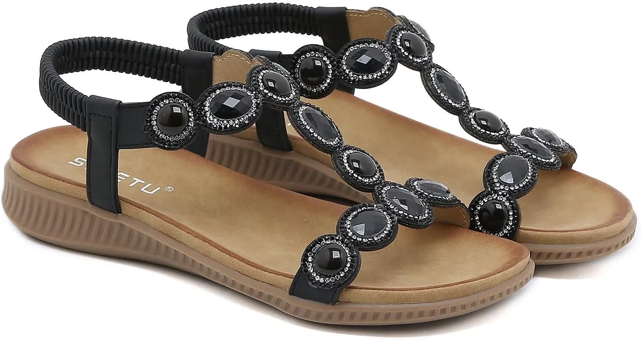DKCHENH Womens Sandals Shoes Comfort Walking for Summer: Non Slip Casual Beach Shoes, Adorned with Ankle Elastic and Stunning Jeweled Bohemian Flats