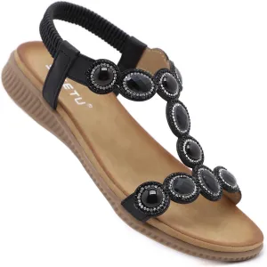 DKCHENH Womens Sandals Shoes Comfort Walking for Summer: Non Slip Casual Beach Shoes, Adorned with Ankle Elastic and Stunning Jeweled Bohemian Flats