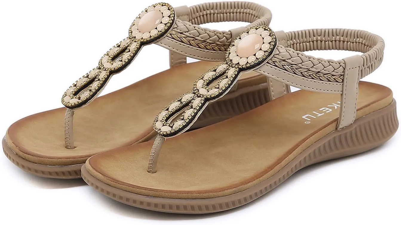 DKCHENH Womens Sandals Shoes Comfort Walking for Summer: Non Slip Casual Beach Shoes, Adorned with Ankle Elastic and Stunning Jeweled Bohemian Flats