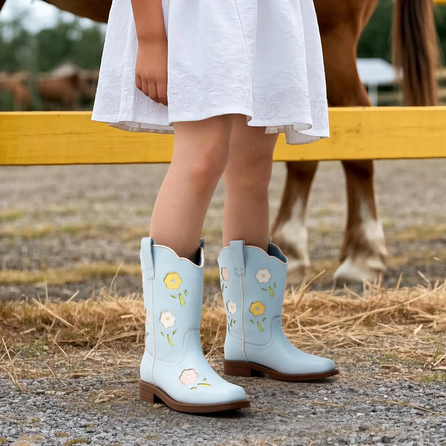 DREAM PAIRS Girls Cowgirl Boots Kids Mid Calf Western Boots Flower Cowboy Boots Square Toe Riding Shoes for Toddler/Little Kid/Big Kid