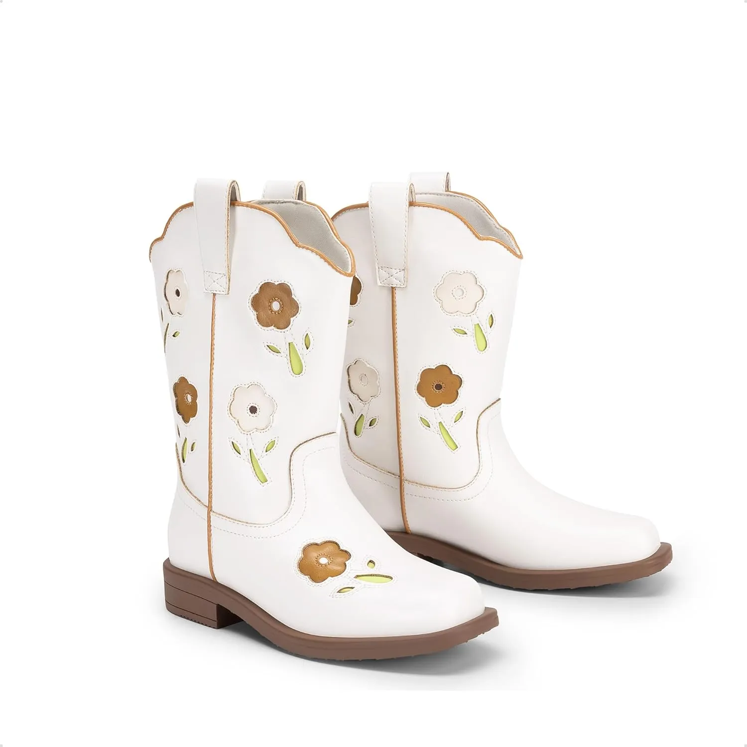 DREAM PAIRS Girls Cowgirl Boots Kids Mid Calf Western Boots Flower Cowboy Boots Square Toe Riding Shoes for Toddler/Little Kid/Big Kid