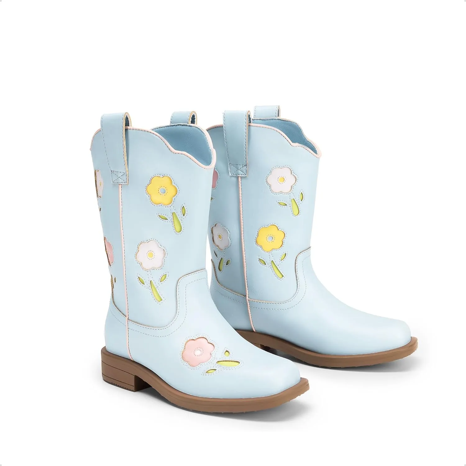 DREAM PAIRS Girls Cowgirl Boots Kids Mid Calf Western Boots Flower Cowboy Boots Square Toe Riding Shoes for Toddler/Little Kid/Big Kid