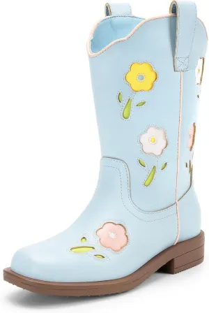 DREAM PAIRS Girls Cowgirl Boots Kids Mid Calf Western Boots Flower Cowboy Boots Square Toe Riding Shoes for Toddler/Little Kid/Big Kid