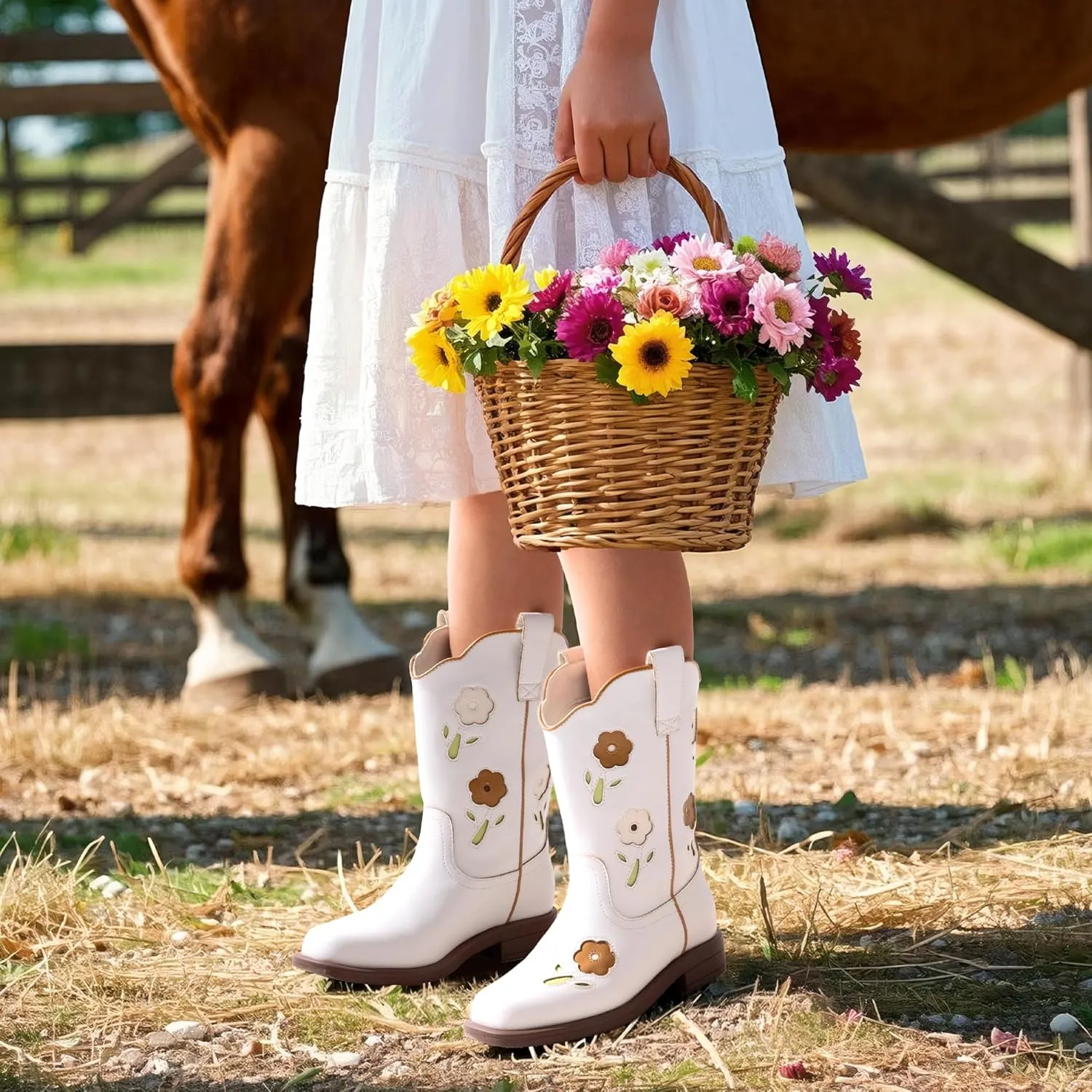 DREAM PAIRS Girls Cowgirl Boots Kids Mid Calf Western Boots Flower Cowboy Boots Square Toe Riding Shoes for Toddler/Little Kid/Big Kid