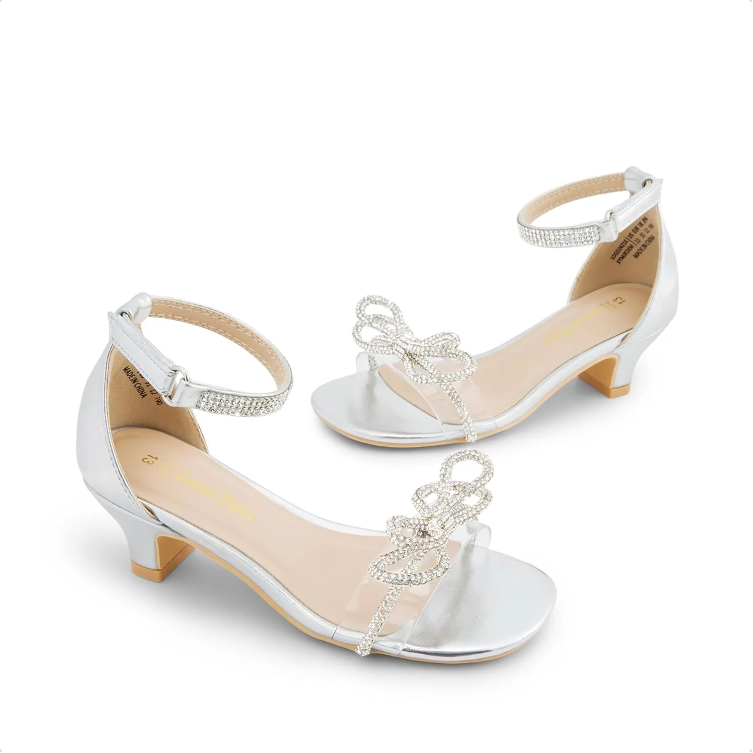 DREAM PAIRS Girls Sandals Ankle Strap Square Toe Low Heel Bow Flower Dress Shoes
