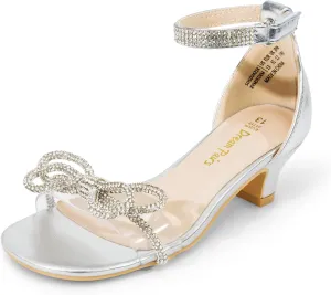 DREAM PAIRS Girls Sandals Ankle Strap Square Toe Low Heel Bow Flower Dress Shoes