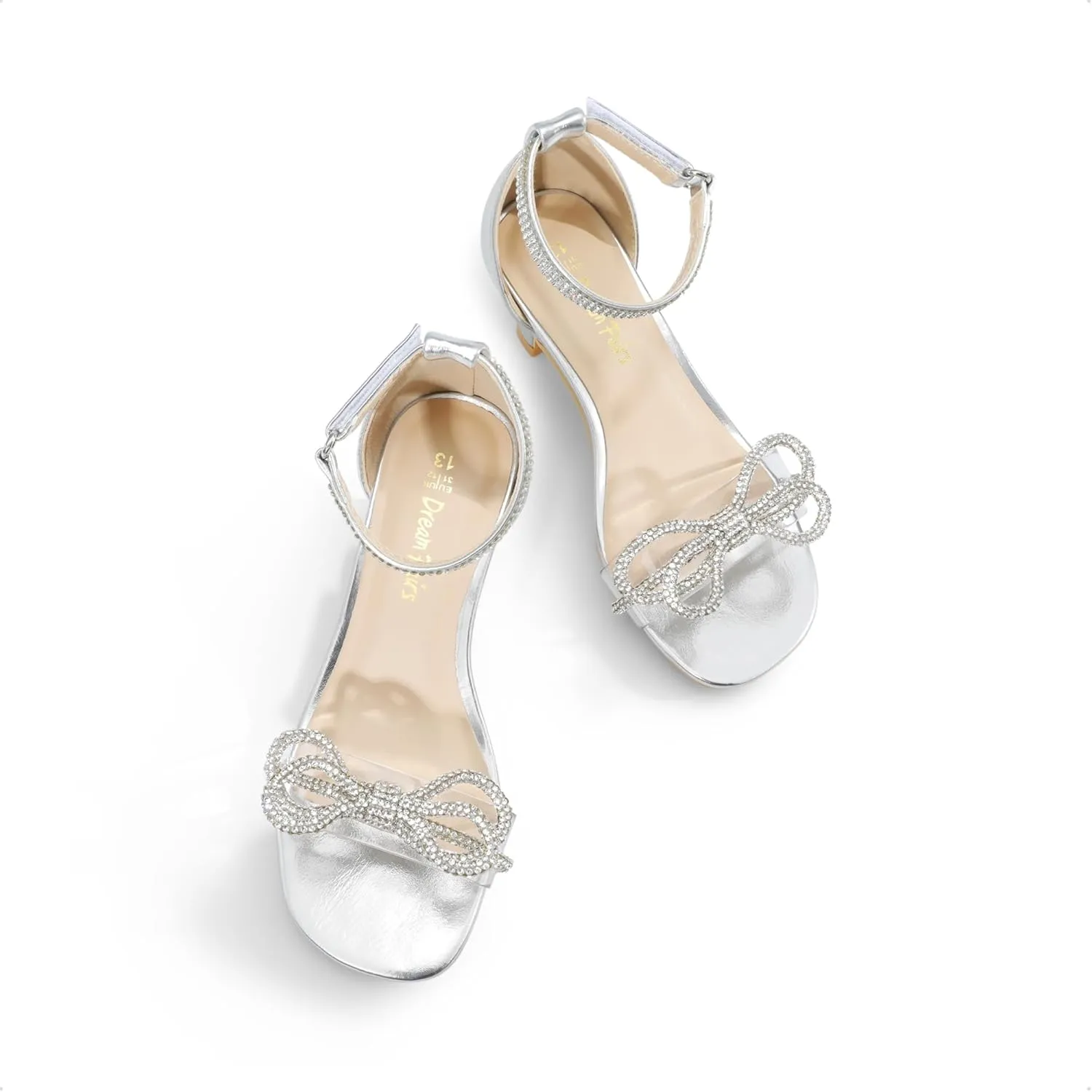 DREAM PAIRS Girls Sandals Ankle Strap Square Toe Low Heel Bow Flower Dress Shoes