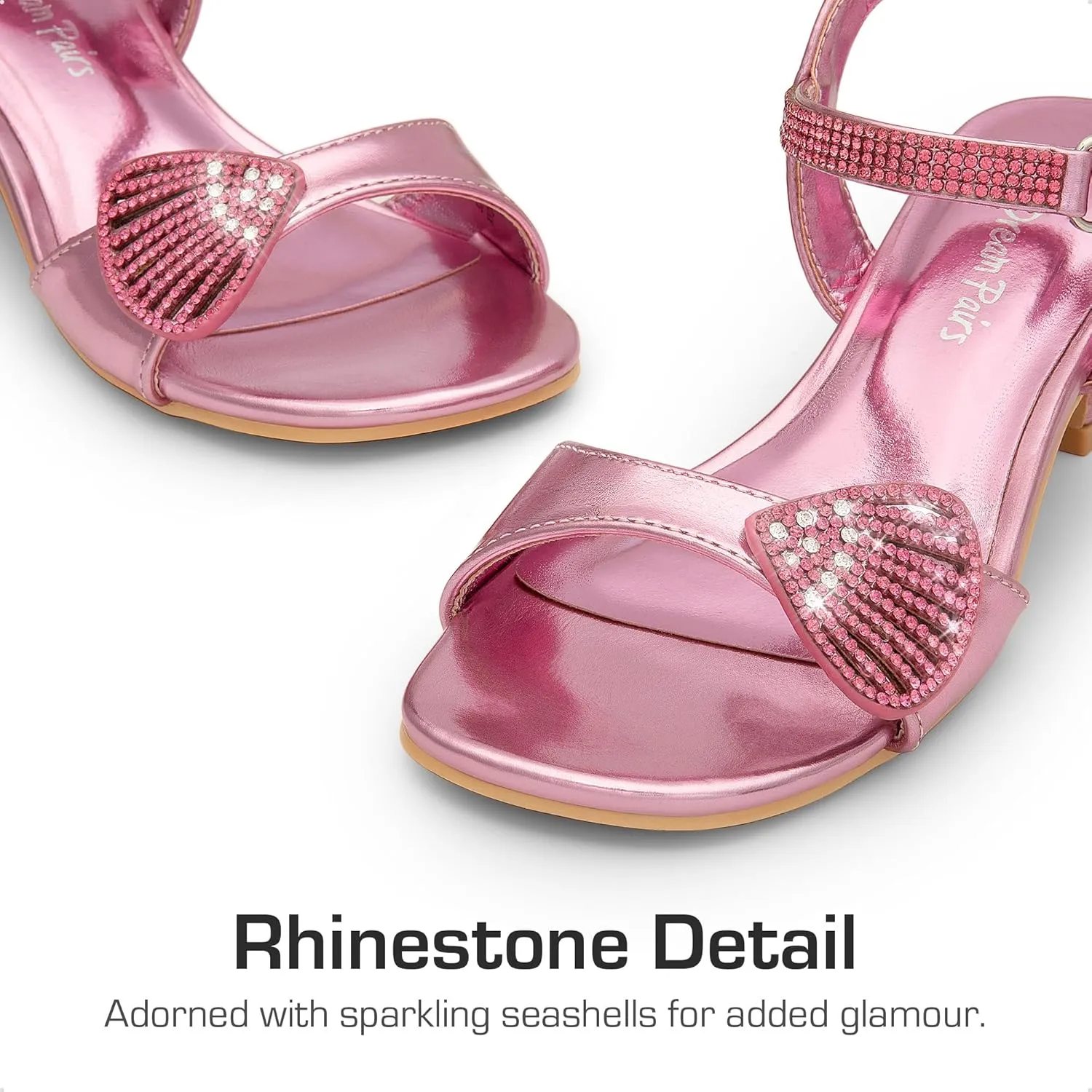DREAM PAIRS Girls Sandals Ankle Strap Square Toe Low Heel Crystal Shell Wedding Party Flower Dress Shoes for Little Kids/Big Kids