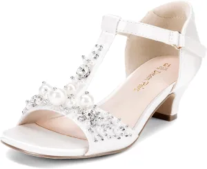 DREAM PAIRS Girls Sandals Ankle Strap T-Strap Low Heel Pearl Bow Flower Pump Dress Wedding Party Shoes for Little Kid/Big Kid