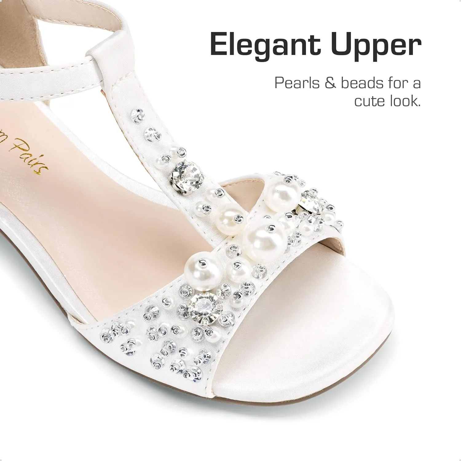 DREAM PAIRS Girls Sandals Ankle Strap T-Strap Low Heel Pearl Bow Flower Pump Dress Wedding Party Shoes for Little Kid/Big Kid