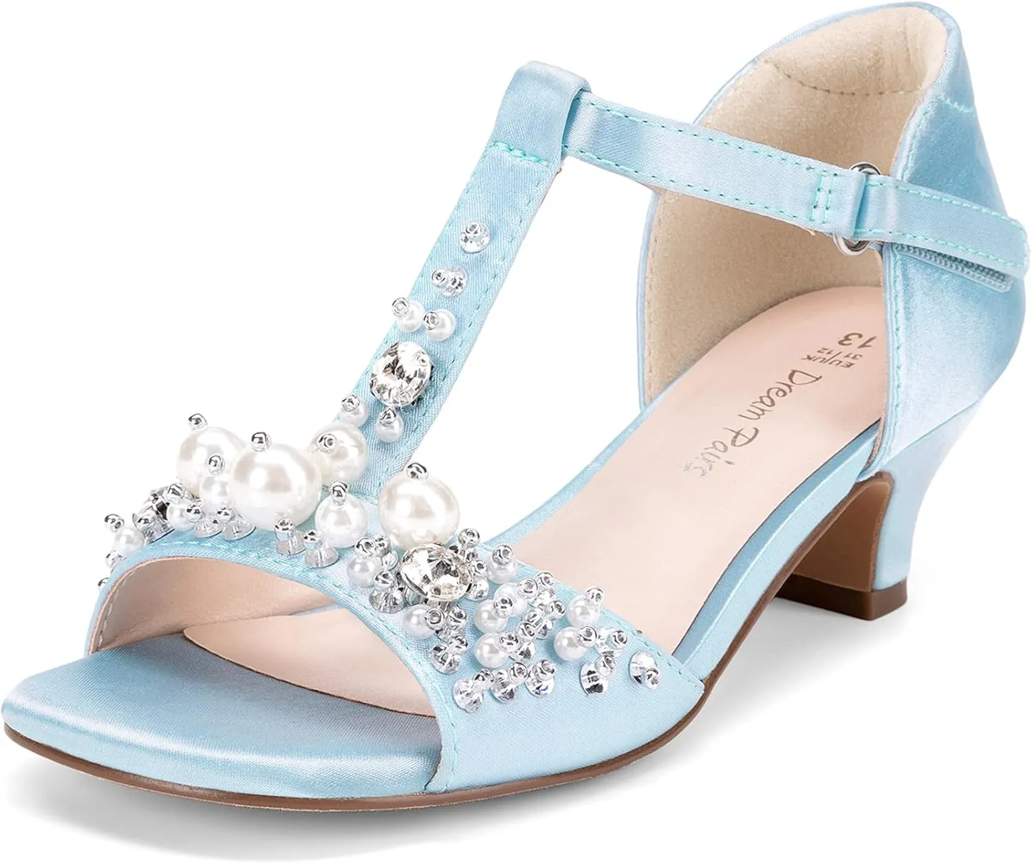 DREAM PAIRS Girls Sandals Ankle Strap T-Strap Low Heel Pearl Bow Flower Pump Dress Wedding Party Shoes for Little Kid/Big Kid