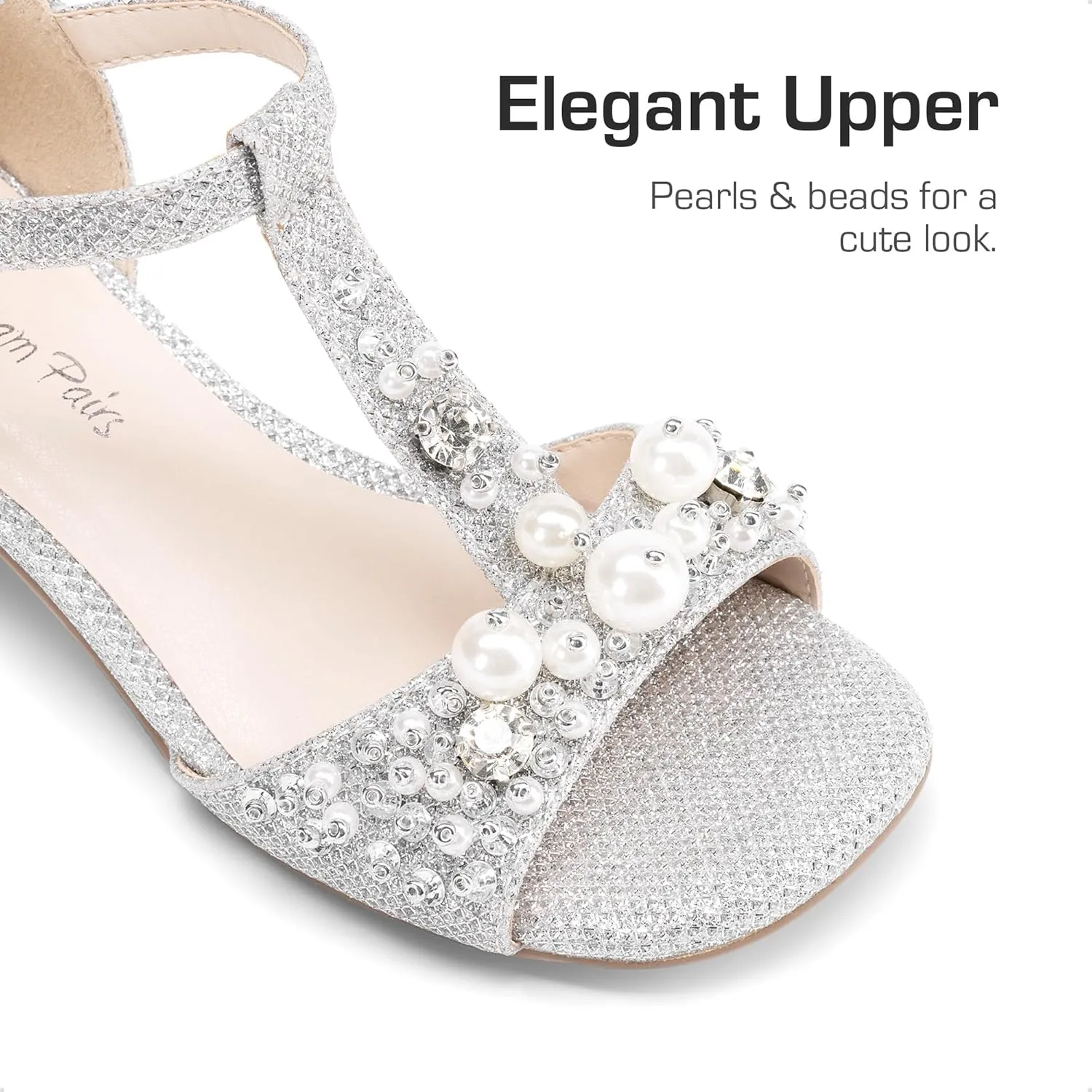DREAM PAIRS Girls Sandals Ankle Strap T-Strap Low Heel Pearl Bow Flower Pump Dress Wedding Party Shoes for Little Kid/Big Kid